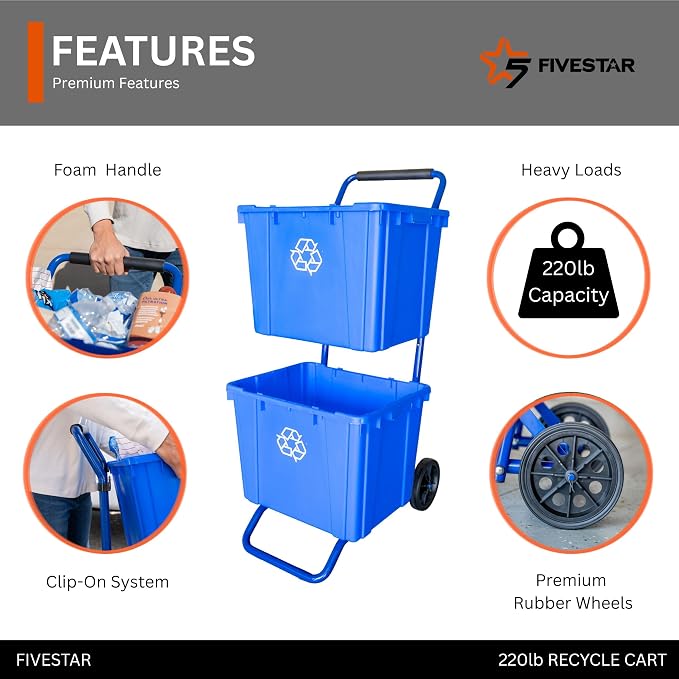 FIVESTAR 220 lb. Capacity Heavy-Duty Wheeled Recycle Cart with Steel Frame and All-Terrain Wheels and Recycle Bin Clips