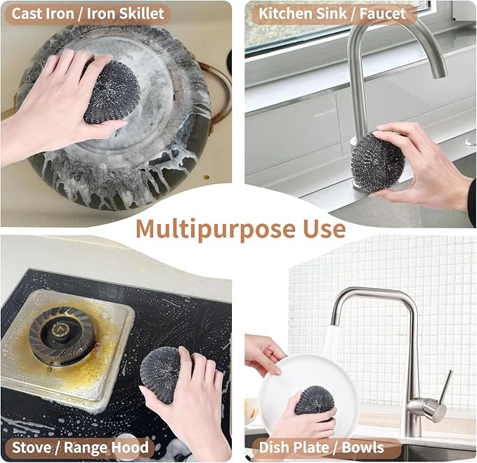 6PCS Steel Wool Scrubber Sponge Set, Barbecue Grill Cleaning Scrubber Pads | Stainless Steel Scrubber Replacement for Scouring Messes from Cast Iron, Pots, Pans, Grill, Stoves, Sink (6 Pads)