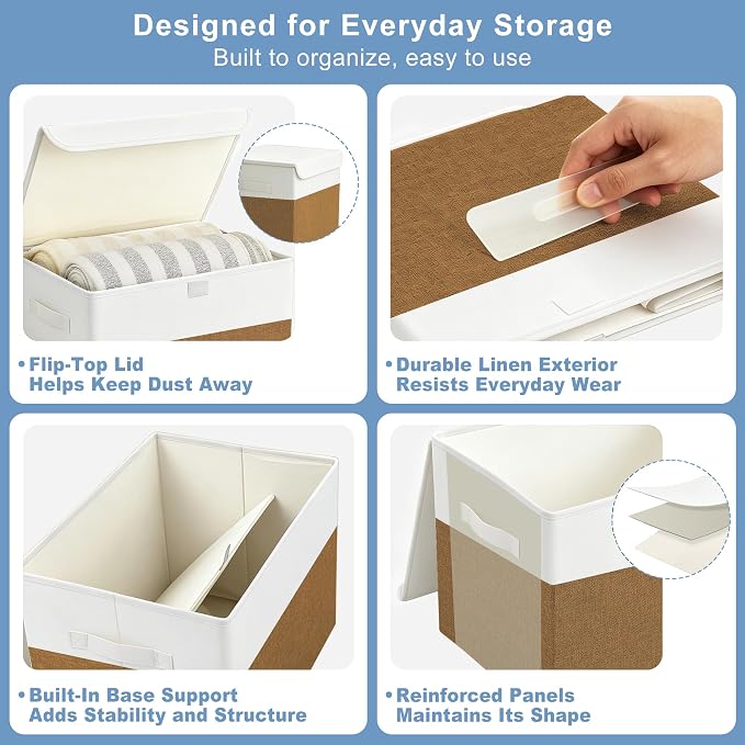 Bagnizer Large 22 Quart Linen Fabric Foldable Storage Bin Cube Organizer Basket with Flip-Top Lid & Handles, Clothes Blanket Box for Home, Office, Closet, Brown & White, 4 Pack 14.6 x 9.5 x 9.5
