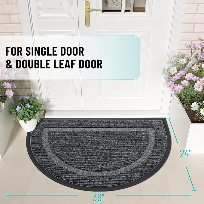 OLANLY Half Circle Front Door Mat Outside 35x23 All-Season Rubber Doormat | Grey, Absorbent, Heavy-Duty, Stain and Fade Resistant, Waterproof Non-Slip Backing, Low-Profile Indoor Outdoor Entryway Mat
