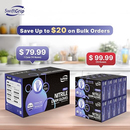 SwiftGrip Disposable Nitrile Exam Gloves, 3-mil, XS, Case of 1000, Violet Nitrile Gloves Disposable Latex Free for Medical, Cleaning, Cooking & Esthetician, Food-Safe, Powder-Free, Non-Sterile, Purple