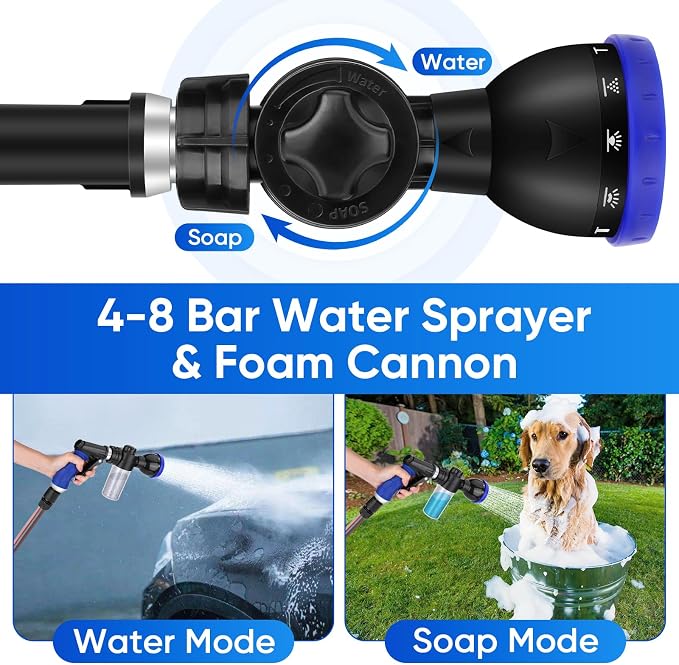 Pet Bathing Sprayer Kit,10 Spray Patterns, Adjustable Hose Wash Sprayer | with 4 to 8 Bars Foam Blaster,Suitable for Pet Washing, Car Cleaning and Garden Use with 1/2” Quick Connector
