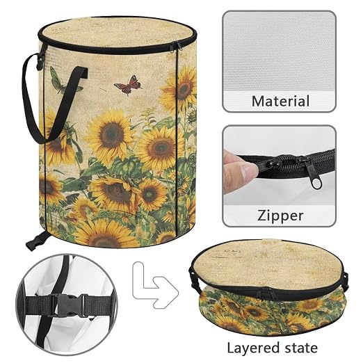Sunflower Outdoor Trashcan Collapsible Pop up Trash Can with Handles and Lid Flodable Easy to Store Car Camping Supplies 24 Gallon Reusable Container for Yard Garden Waste