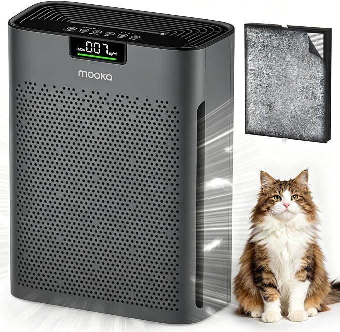 MOOKA Air Purifier for Home Bedroom Large Room up to 2200 Ft², HEPA Filter | Washable Pre-Filter, Auto Mode, Quiet Sleep Mode, Air Quality Monitor, Air Cleaner for Pet Dust Smoke Pollen, KJ190H Grey