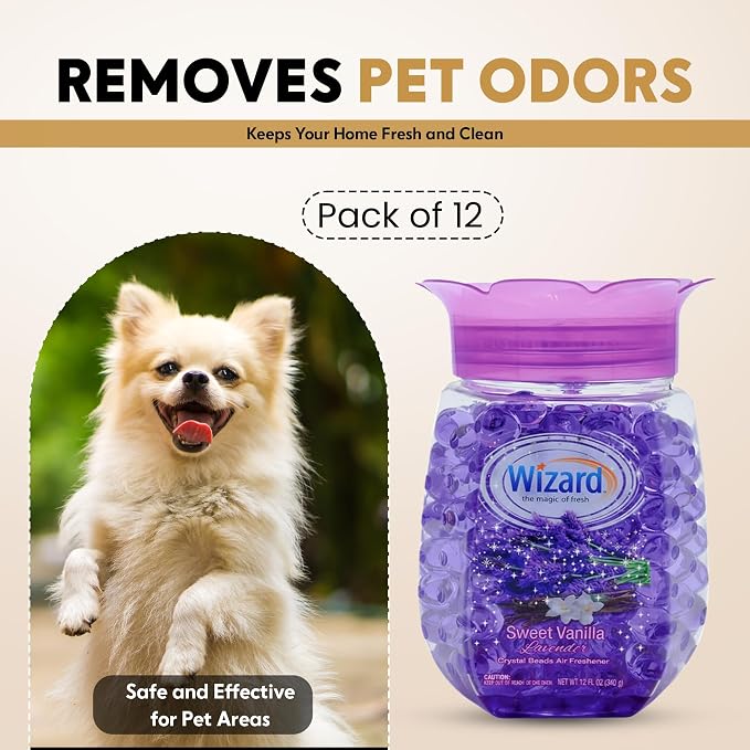 WIZARD Odor Eliminator Gel Beads - 12 oz, Pack of 12 - Air Freshners For Bathroom. Rooms, Per Areas and Car Freshner (VANILLA LAVENDER)