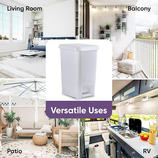 Superio Slim Step On Pedal Plastic Trash Can, Waste Bin for Under Desk, Office, Bedroom, Bathroom, Kitchen (2.5 gal) (White Smoke 2 Pack)