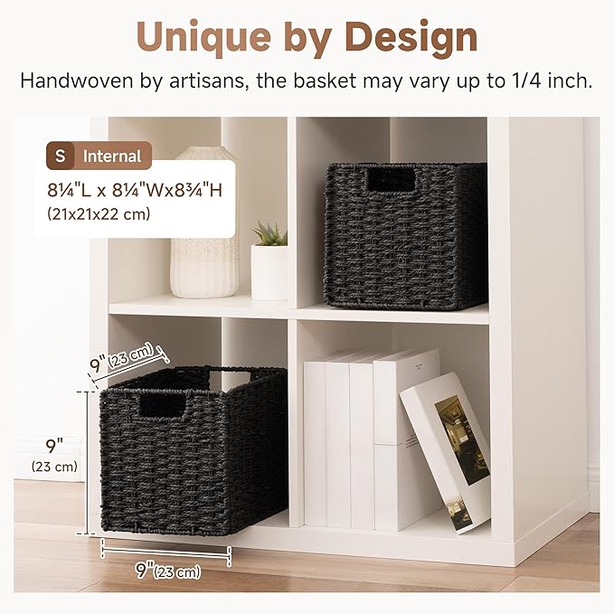 StorageWorks 9 inch Cube Storage Bins, Wicker Storage Cubes, Black Basket | 2-Pack, Handwoven Wicker Basket for Storage, Foldable Paper Rope Baskets for Organizing, Black Storage Bins,Cube Storage Bins