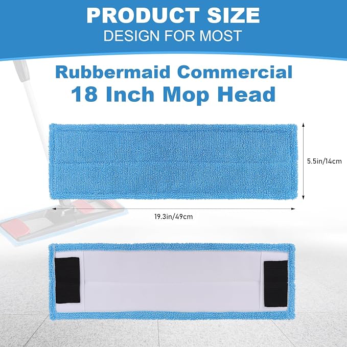 Replacement Flat Mop Pads Fit for Rubbermaid Commercial 18 Inch Adaptable Mops - 6 Pack Wet & Dry Microfiber Professional Cleaners Reusable Refills for Light-Duty Floor Cleaning- Blue