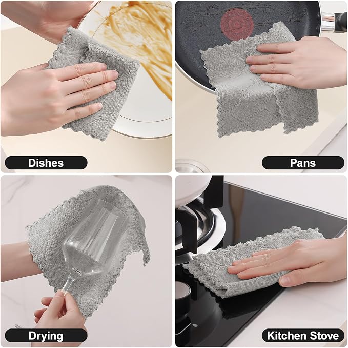 Homaxy Super Soft 12 Pack Coral Velvet Dish Cloths, 7" x 9", Grey | Ultra-Absorbent Dishcloths, No Lint, Nonstick Oil, Fast Drying, Microfiber Cleaning Cloth