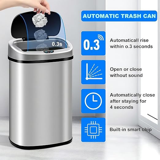 Sensor Can 13 Gallon Kitchen Trash Can with Lid，Motion Sensor Stainless Steel Garbage Bin for Home, Office, Garage，Large Capacity Design，50 Liter