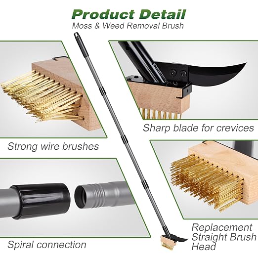 Walensee 66.5in Adjustable 3-in-1 Crack Weeder & Moss Remover Brush Tool | Adjustable Long Handle, 2 Replaceable Brush Heads & Scraper, Cleans Deck Patio Walkway Crevices, Efficient Moss & Weed Puller