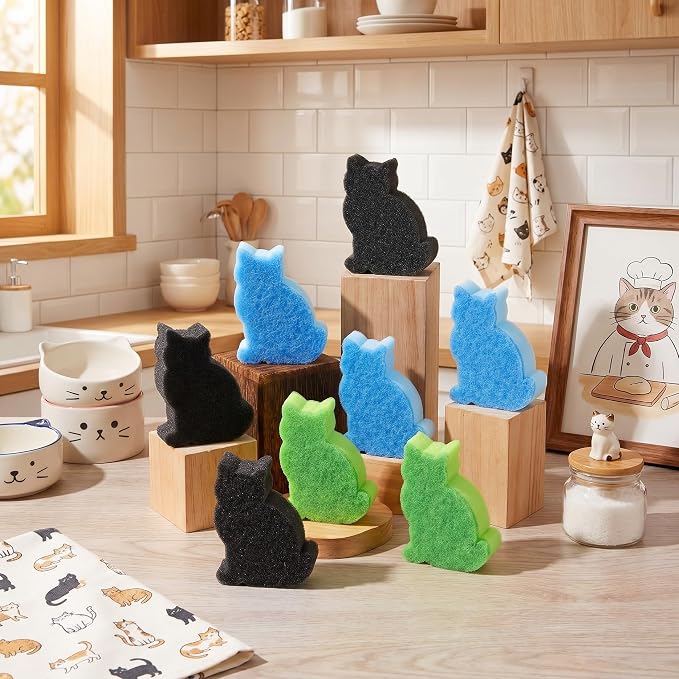 Tioncy 12 Pack Cat Shaped Sponges Cute Dual Sided Non Scratch | Reusable for Dishwashing Cookware Pot Pan, Cute Kitchen Cleaning Accessories, Non Scratch Bulk Household Supplies