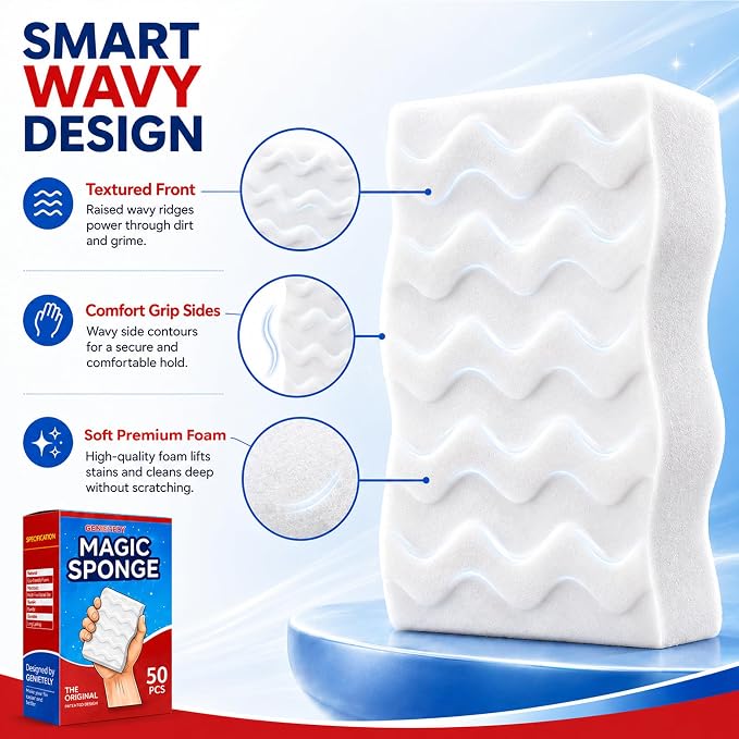 3X Density Magic Sponge Eraser, 50 Pack Cleaning Sponge for Kitchen & Bath | 3X density foam, Extra durable sponge, Ergonomic wavy grip, Deep cleaning power, Multi-surface cleaning, 50 pack value