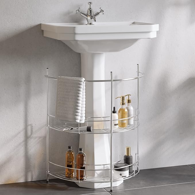 Lavish Home Pedestal Sink Organizer, Silver, 21.25” x 11” x 23.25” | Compact Under the Sink Rack with 2 Storage Shelves and Towel Holder, Space Saving Bathroom Storage
