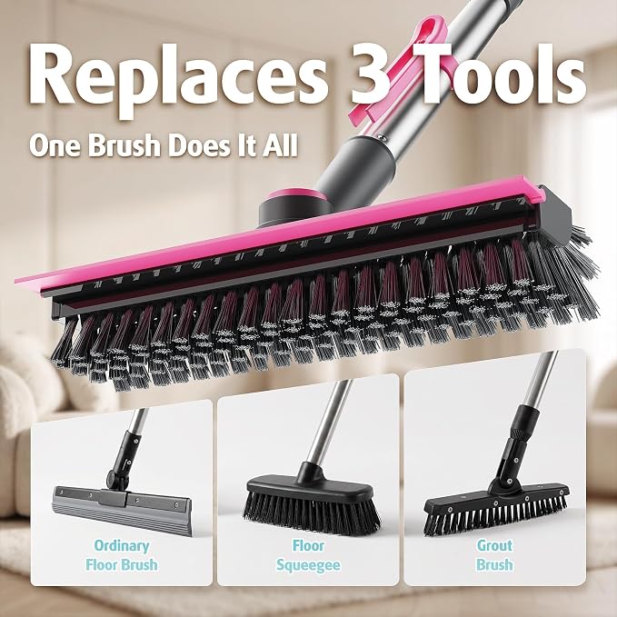 AIR U+ Floor Scrub Brush with Long Handle, 4 in 1 Floor Scrubber & Squeegee | Small Scrubber with Stiff Dual-Sided Bristles and Rotating Head for Shower, Bathroom, Bathtub, Kitchen and Patio, Pink