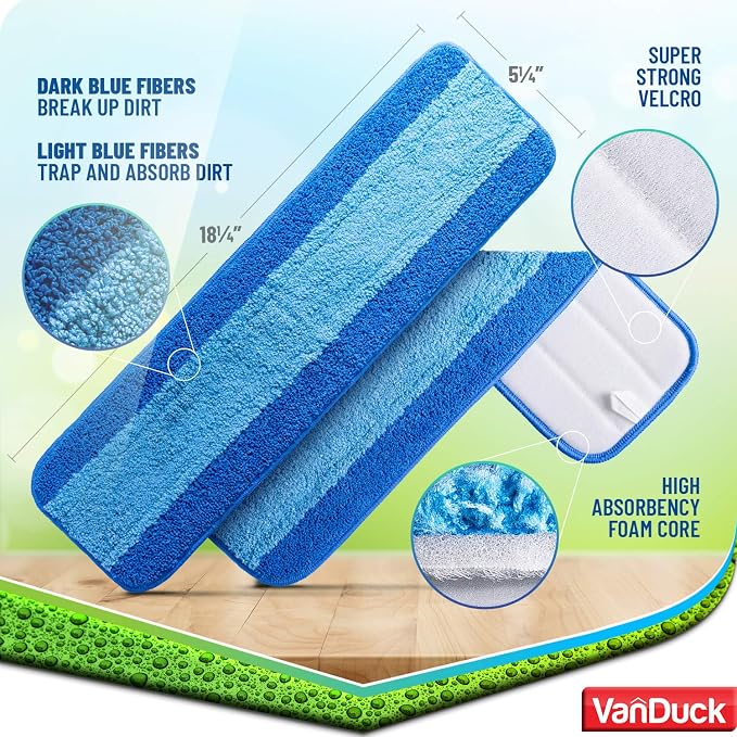 VanDuck Microfiber Cleaning Pads Compatible with Bona Mops 18 Inch (6-Pack) | Hardwood floor cleaning pads, mop replacement pads, washable reusable refills