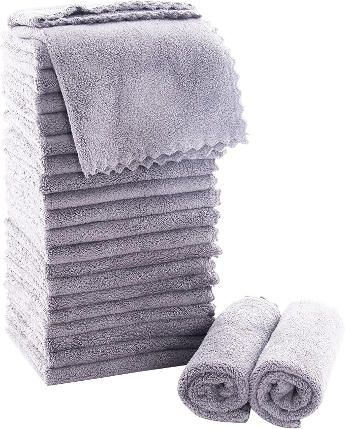 MOONQUEEN Ultra Soft Premium Washcloths Set - 12 x 12 inches - 24 Pack - Quick Drying - Highly Absorbent Coral Velvet Bathroom Wash Clothes - Use as Bath, Spa, Facial, Fingertip Towel (Light Grey)