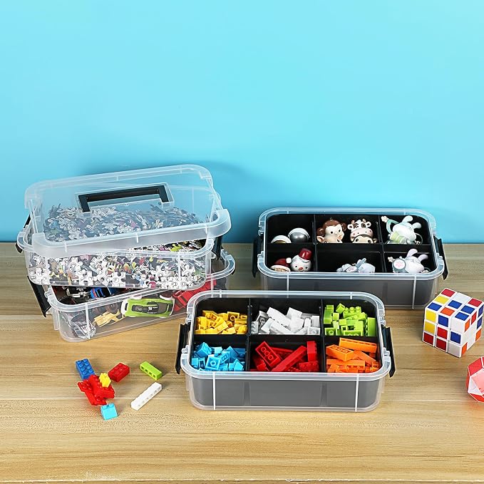 JUXYES 4-Tiers Plastic Stack Carry Storage Containers Box wih Handle Lids | Clear Stackable Latching Storage Bin With 2 Tray for School Office, Organizing Sewing, Art Craft, DIY Supplies, Black