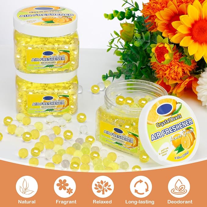 12 Pcs Air Freshener Bulk Odor Gel Eliminator Beads 8 Oz, Lemon | Long Lasting Air Freshener Beads in Jars Eliminates Odors in Home Bathrooms, Cars, Boats, Rvs, Pet Areas
