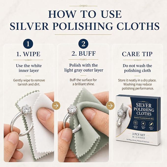 Bonison 3 Pack Large Silver Polishing Cloth – 10"x12" Jewelry Cleaning Cloth & Multi-Layer Jewelry Polishing Cloth for Silver, Gold, Diamond, Platinum, Coins, Watches, Gemstones（Gray）