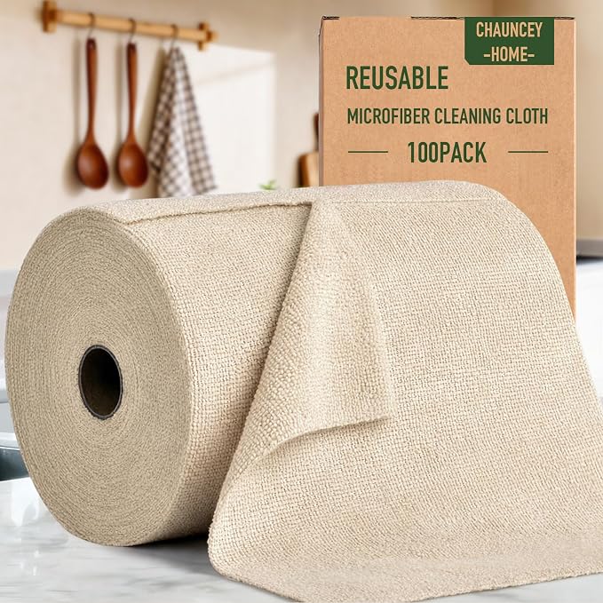 Microfiber Cleaning Cloth Roll - 100 Pack Tear Away Microfiber Paper Towels, Reusable, Washable, Scratch-Free, Kitchen Towels for Car, Home, Kitchen, Glass, Dishes(Desert Gold)