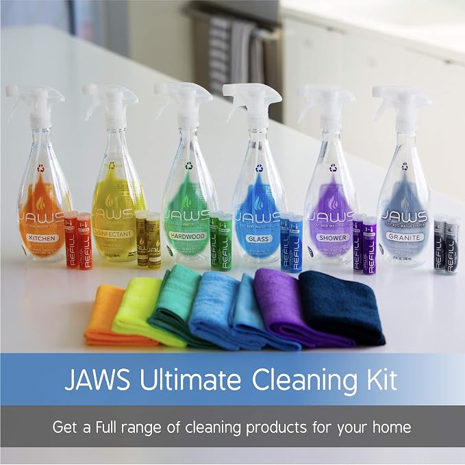 JAWS Ultimate Cleaning Kit, Multi-Surface Spray & Refill Pods, 6 Formulas | Ideal for Kitchen, Glass, Shower, Granite, Hardwood Floors & Disinfecting. 6 Reusable Bottles, 2 Concentrated Cartridges Each