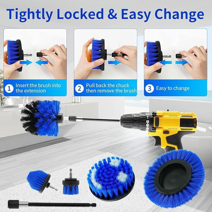 10 Pcs Drill Brush Attachment Set, Drill Scrubber Brush Kit, Drill Cleaning Brush, Scrub Brush for Grout Floor Tub Shower Bathtub Tile Sink Toilet Bathroom Kitchen Car Blue