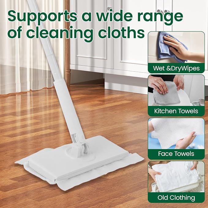 Flat Wet Dry Floor Mop with 10 Disposable Mop Pads, 360° Rotating | Includes 1 Sweeper Handle, 10 Disposable Power Mop Pads, Dry & Wet Use for Hardwood, Tile, and Laminate Floor
