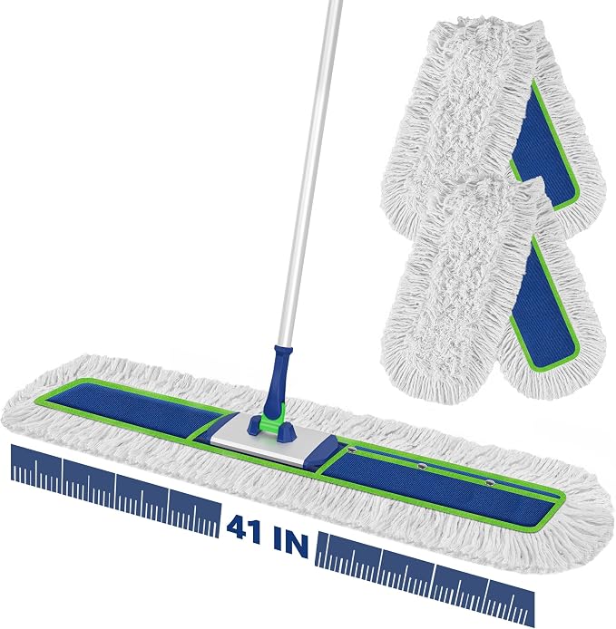 41" Large Commercial Dust Mop Push Broom for Janitor Dry Sweeping | Industrial Grade, 2 Heavy Duty Lint Free Pads, 43-57" Handle, 360° Swivel, Extra Wide for Garage Warehouse Gym Shop