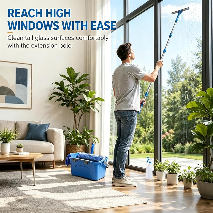 120“Professional Squeegee Window Cleaning Kit with Extension Pole | Streak-Free Silicone Blade,Smooth & Quiet Glide,for Shower Glass Door,Enclosure Cleaning,High Windows