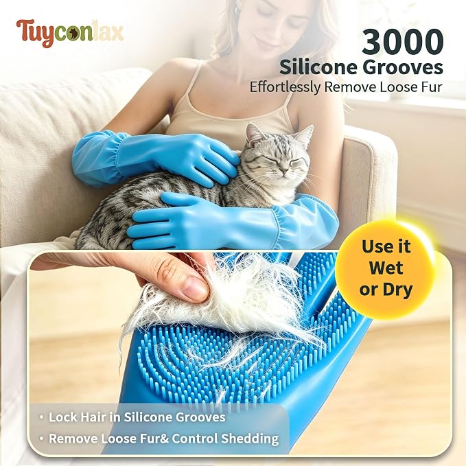 Long Sleeve Dog & Cat Washing Gloves, Pet Bathing Grooming Tool (Gray)