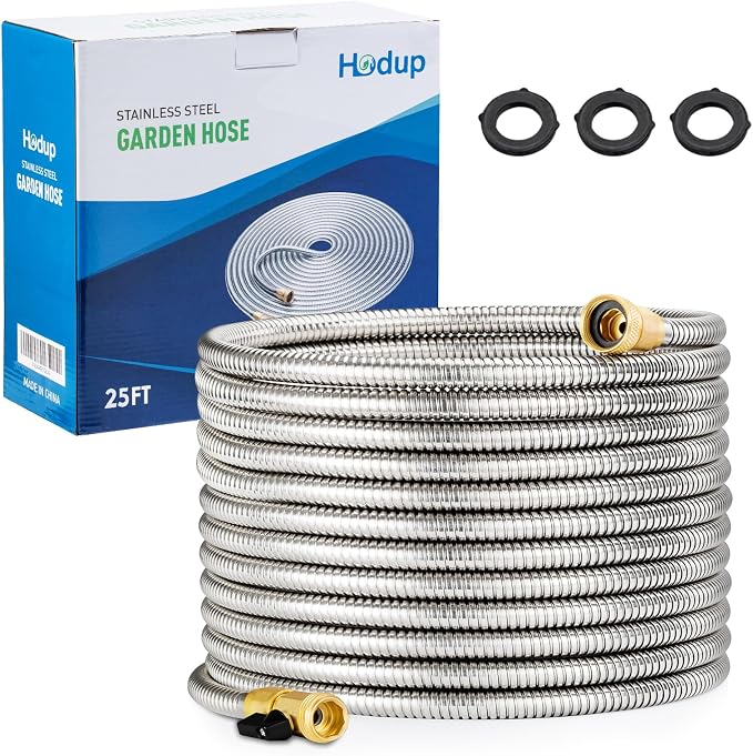 25FT Stainless Steel Metal Garden Hose - Lightweight, Kink-Free & Tangle-Free, Flexible with Brass Fittings, On/Off Valve, Pet Proof, Puncture Proof for Yard, RV, Car Washing (Silver)