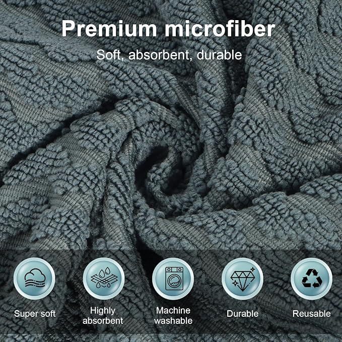 Dual-Sided Microfiber Cloths, 12x12 Lint-Free 6-Pack | Zig-zag side traps grease, soft side polishes. Streak & lint-free for home/auto. Stain-hiding grey, washable 12x12 6-pack.