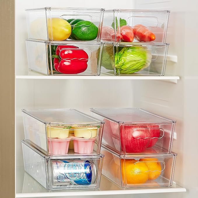 Vtopmart 8pcs Clear Organizers and Storage Bins with Lids, Stackable Plastic Storage Containers with Handles for Fridge, Freezer, Pantry, Cabinet, Kitchen Organization (Pack of 2)
