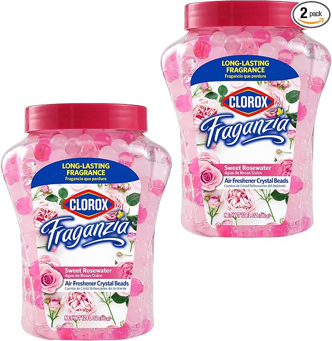 Clorox Fraganzia Crystal Beads Air Freshener, Sweet Rosewater, 12 Oz, 2-Pk | Gel bead formula, long-lasting scent, no spray or mess, home car and office use
