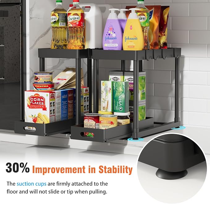 2PC Under Sink Organizer Rack 2 Tier Under Sliding Cabinet Basket Organizer Drawer with 4 Hooks, Multi-purpose Under Sink Storage for Bathroom Kitchen Desktop（Black）