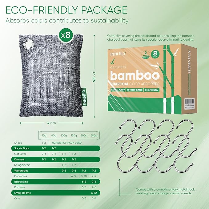 Activated Charcoal Odor Absorber, 8P Nature Odor Eliminator for Strong Odor | Bamboo Charcoal Air Purifying Bags, Moisture Absorbers for Fresh Home Car Closet Pet, Smoke Smell Deodorizer, with Hooks