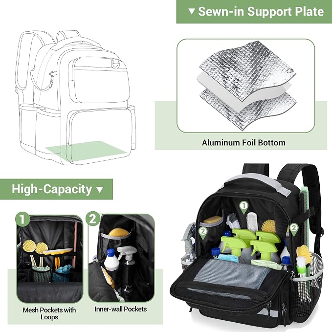 HODRANT Cleaning Backpack with Bottom Plate & Waterproof Bottom | Large Supplies Bag with Multiple Pockets for Housekeeping Tools, Cleaning Products Caddy Organizer for Home & Car, Bag Only