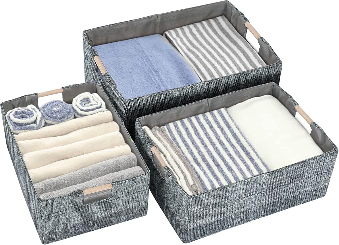 Fabric Storage Box, 15x11in Foldable Cotton Linen Basket with Wooden Handle | Medium Rectangular Cube Decorative Home Laundry Organizer Clothes Blanket Container Organizing Clothes Sheet, Dark Gray Plaid