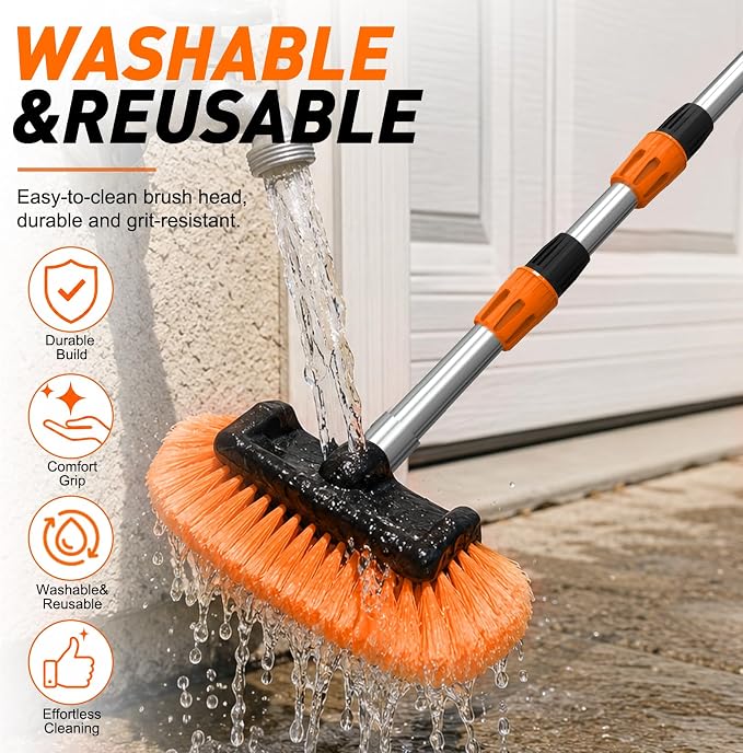 SISUPASSIE 12FT Car Wash Brush with Long Handle, 12-Inch Soft Bristle Car Cleaning Brush for Cleaning RV, Truck, Boat, Solar Panels, Orange