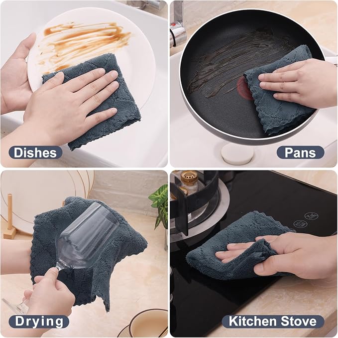 Homaxy 12 Pack Super Soft & Absorbent Dish Cloths, 10" x 10", Dark Grey | Coral Velvet, Nonstick Oil Fast Drying Microfiber Cleaning Cloth, No Lint Household Dishcloths