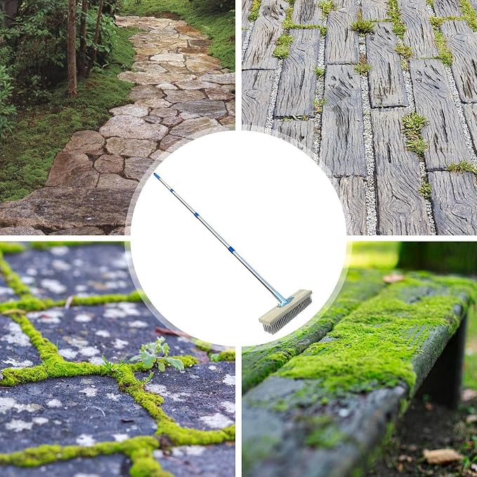 Heavy Duty Broom Patio Scrubber Moss Algae Plant Stain Remover | Deck Scrub Brush Long Handle Outside Moss Remover Outdoor Scrubbing Tool Garage Cleaner for Patio Deck Garden Shower Wall