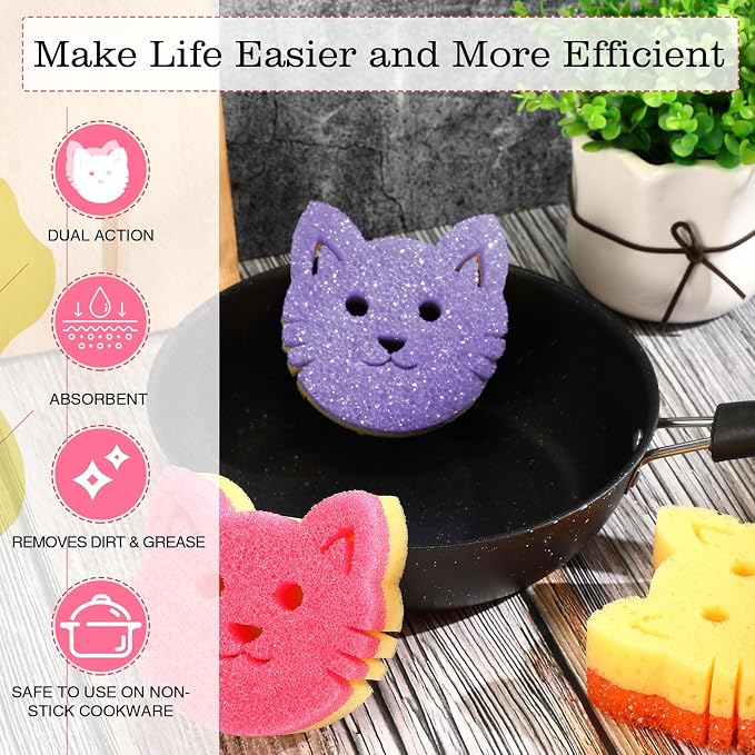 FillTouch Cat 3 Pcs Scrub Sponge, Pink, Yellow, Purple | Soft Non-scratch Cat Sponge, Dual Sided, Temperature Sensitive, Easy Clean, Multi Functional Sponge for Kitchen, Bathroom