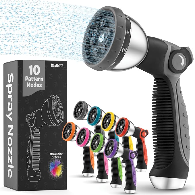 Hose Nozzle [Silver] Heavy Duty Hose Sprayer With 10 Adjustable Watering Patterns. Thumb Control Design, Comfortable Ergonomic Grip, Garden Hose Nozzle for Watering Plants & Lawns/Fun showers/Cleaning