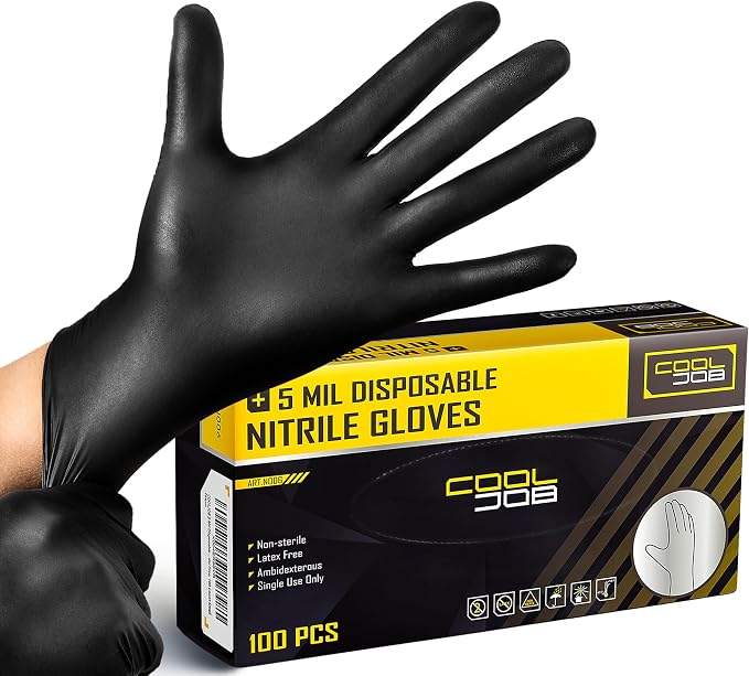 COOLJOB 5 Mil Black Disposable Nitrile Gloves for Men, Heavy-Duty for Household Cleaning, Cooking, Working, Powder Free, S-XL