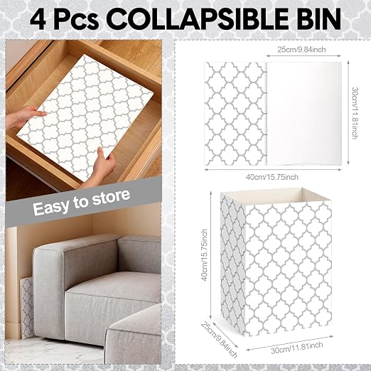 Domensi 4 Pcs 13 Gallon Disposable Trash Cans for Parties Gray White Grid | Foldable Cardboard Trash Cans, 15.75 x 11.81 x 9.84, Collapsible Garbage & Recycling Bins for Wedding, Events