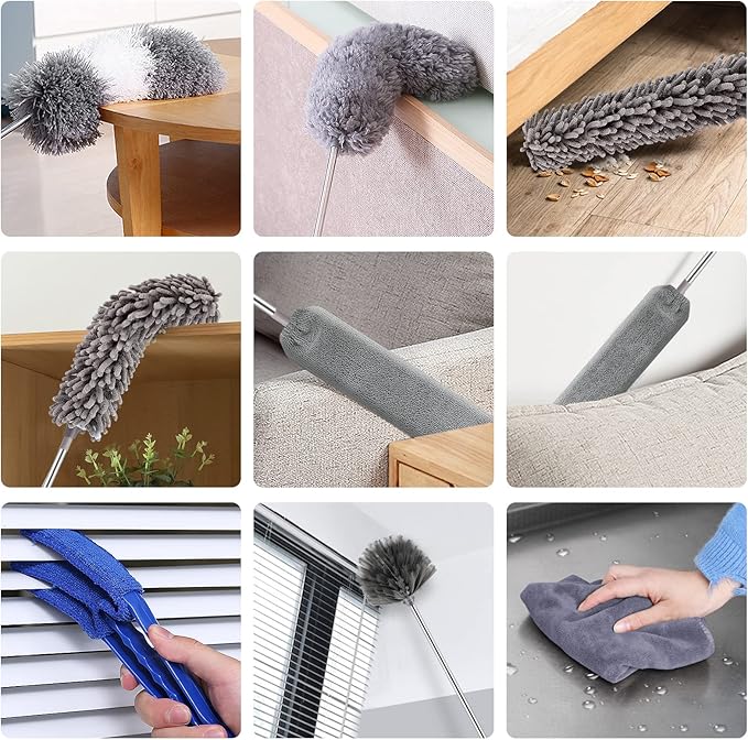 Microfiber Duster Kit (11PCS) - Washable Dusters with Extension Pole (30 to 100 in) for Cleaning Ceilings, Fans, Furniture