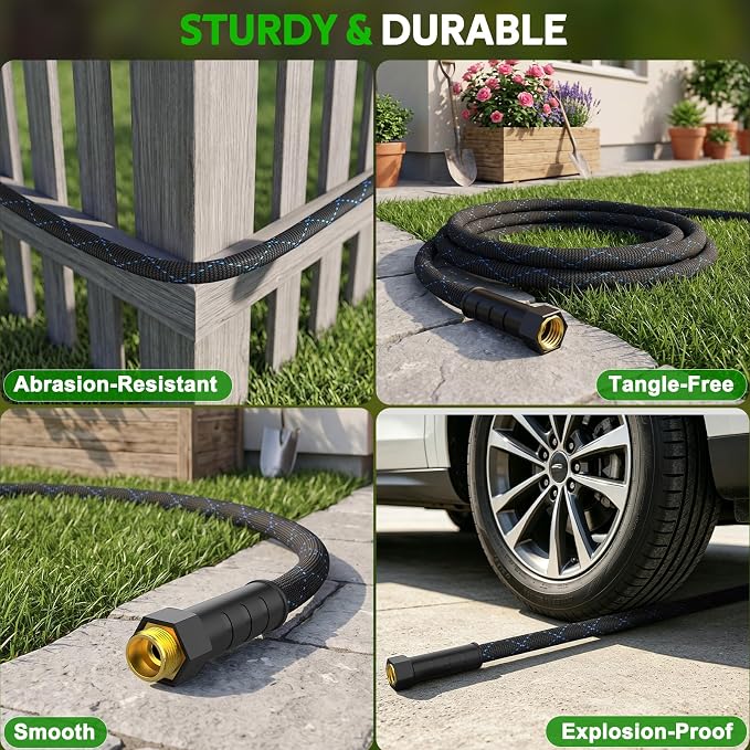 Non-Expanding Garden Hose 50ft w/10 Function Nozzle, Lightweight Water Hose