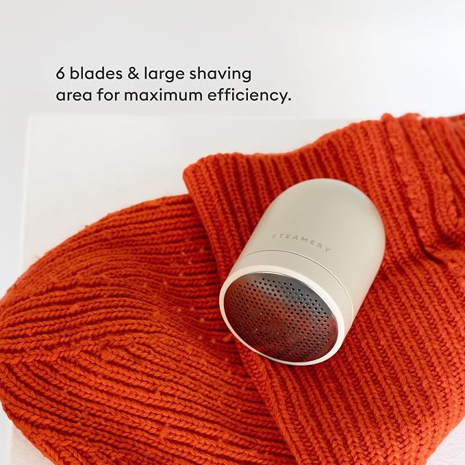 Steamery Pilo Icon Fabric Shaver for Clothes, Rechargeable Lint Remover & Sweater Shaver with USB-C, Replaceable Battery, Dual Mesh Covers, Large Shaving Surface, Scandinavian Design (Beige)