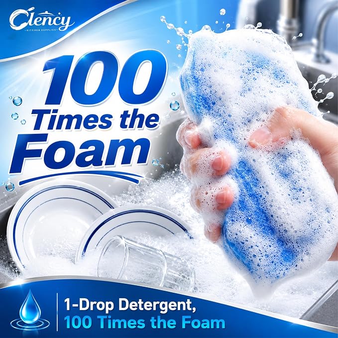 Clency Non-Scratch Kitchen Sponges, 6 Pack Dual-Sided Dish Sponges for Washing Dishes, Safe for Nonstick Cookware, Reusable Scrubber Cleaning Set with 2 Silicone Cleaning Gloves